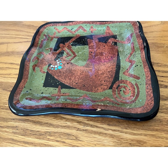 90s ROB SANDERS POTTERY Square Plate Abstract Native w/ Necklace 8" - Picture 5 of 6